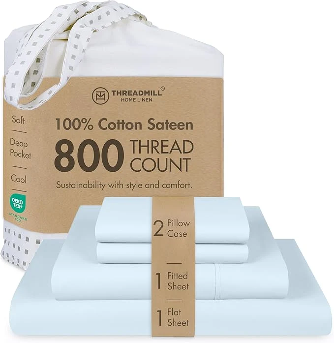Detailed Threadmill Luxury 800 Thread Count Queen Cotton Sheets - Light Blue Sateen Weave Bed-Sheets Better Than Egyptian Cotton 4 Pc Solid Soft Bedding Set Fits 16 quot Deep Pocket Dependable