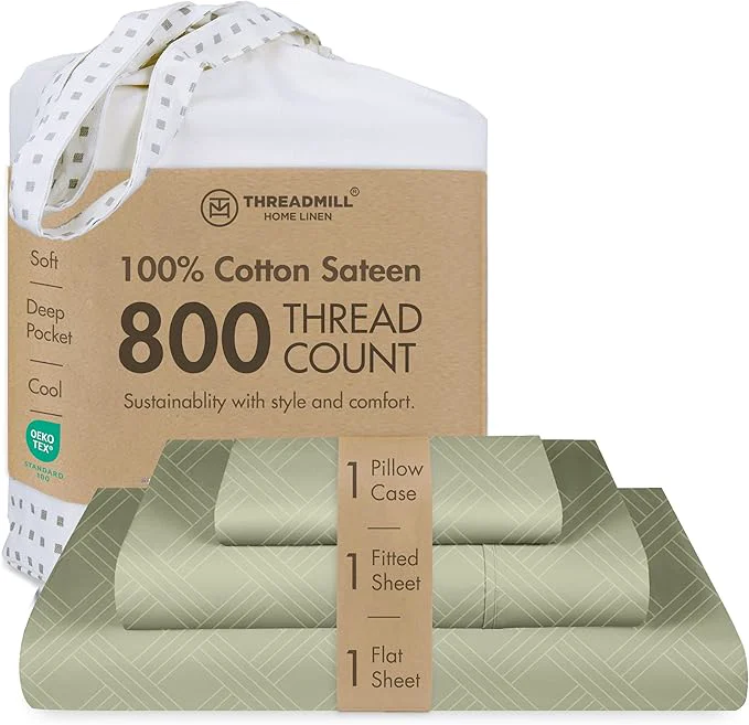 Premium Material Threadmill Twin Sheets for Twin Mattress 800 Thread Count Jacquard Celine Sage Green Sheets Cotton 3 Piece Bed Sheets Extra Long Staple Cotton Cotton Sheet with Elasticized Deep Pocket Top-Quality
