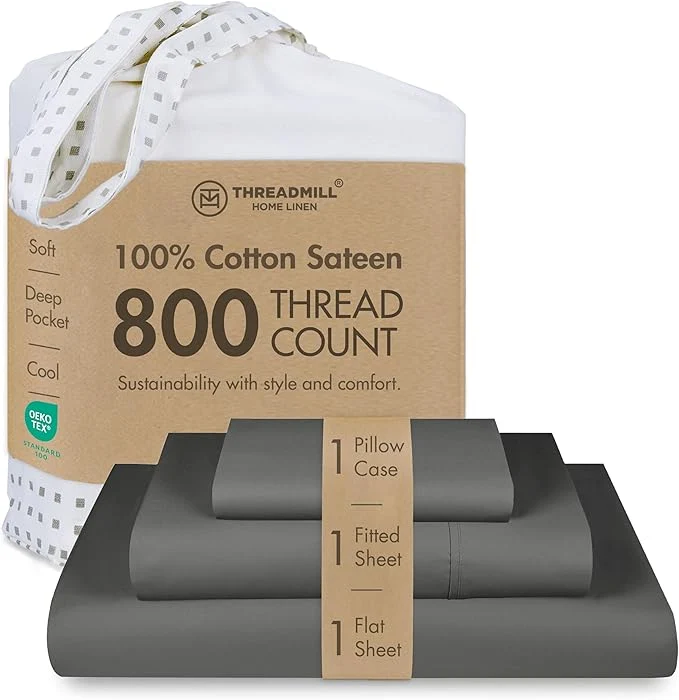 Classic Threadmill Luxury 800 Thread Count Cotton Sheets - Sateen Weave Twin XL Bed-Sheets Better Than Egyptian Cotton 3 Pc Solid Soft Bedding Set Dark Grey Fits 15 quot Deep Pocket Optimized