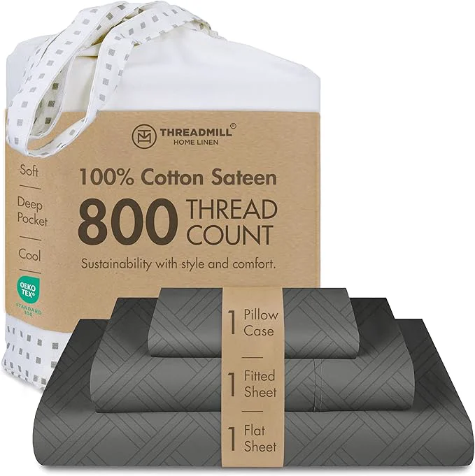 Safe Threadmill Twin Bed-Sheets - 800 Thread Count Jacquard Celine Dark Grey Natural Cotton 3 Piece Striped Bed Set Extra Long Staple Cotton Comfy Damask Sheets with Elasticized Deep Pocket Traditional