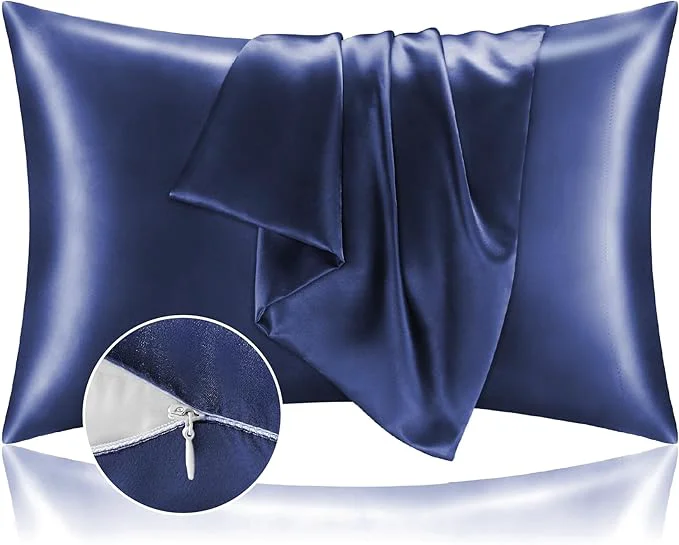 Secure BEDELITE Satin Pillowcase with Zipper Navy King Size Pillow Cases Set of 2 Super Soft and Cooling Similar to Silk Pillow Cases Gift for Women Men 20x36 Inches Smart
