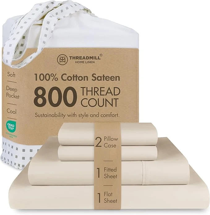 Casual Threadmill Luxury 800 Thread Count Full Size Cotton Sheets - Light Beige Sateen Weave Bed-Sheets Better Than Egyptian Cotton 4 Pc Solid Bedding Set Fits 16 quot Deep Pocket