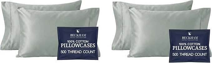 Modern Beckham Hotel Collection Cotton Pillowcases King 500TC Sateen Finish Open End Breathable Moisture-Wicking Aqua Gray 4 Pieces Professional