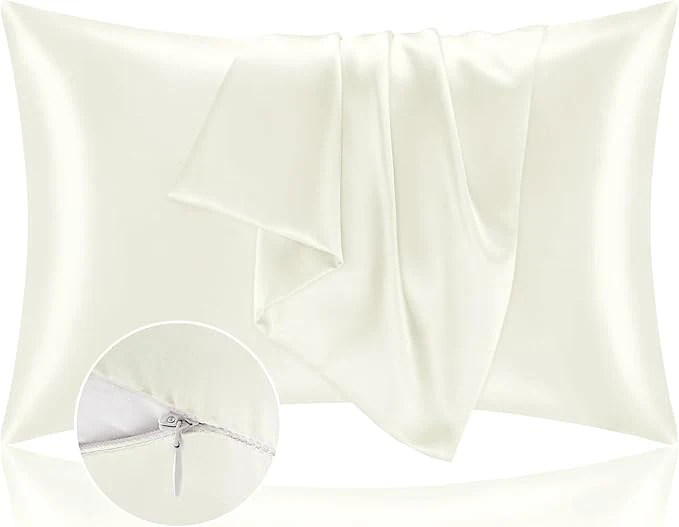 Fine Crafted BEDELITE Satin Pillowcase with Zipper 2 Pack Ivory Pillow Cases Standard Size Super Soft and Cooling Similar to Silk Pillow Cases Gift for Women Men 20x26 Inches Quality