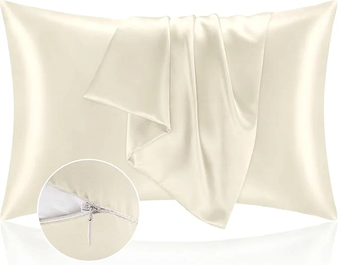 Sophisticated BEDELITE Satin Pillowcase with Zipper 2 Pack Beige Pillow Cases Standard Size Super Soft and Cooling Similar to Silk Pillow Cases Gift for Women Men 20x26 Inches Stylish