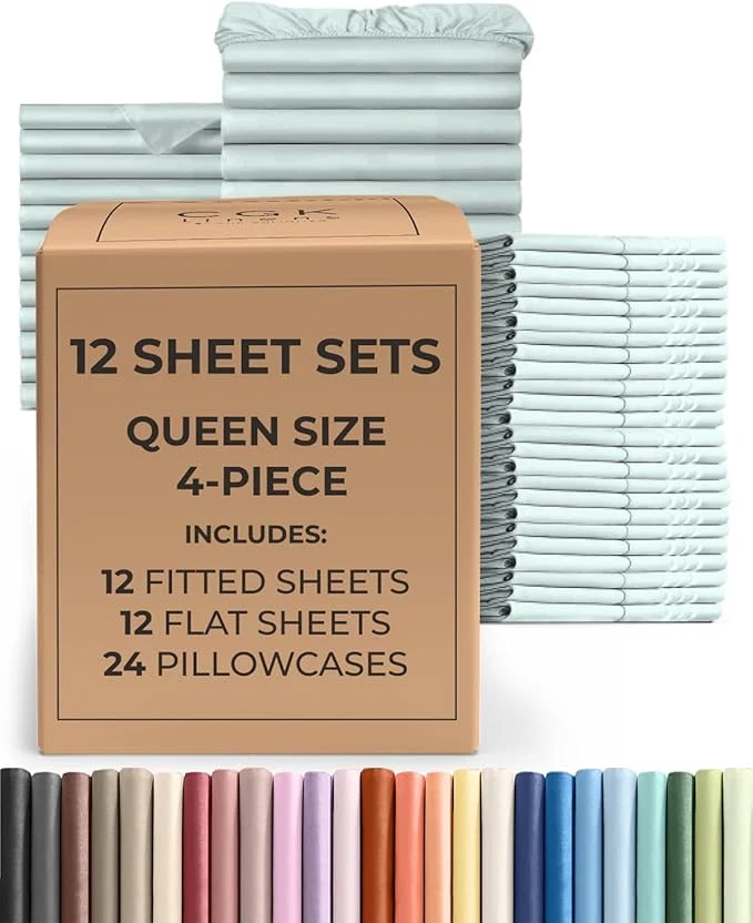 Trusted Bulk Case Pack of 12 Sheet Sets - 12 Complete Queen Size Sheet Sets with Deep Pockets - Whole Bulk Bedding for Hotels Spas amp Airbnbs - Breathable Cooling and Wrinkle - Queen Ice Blue Fast