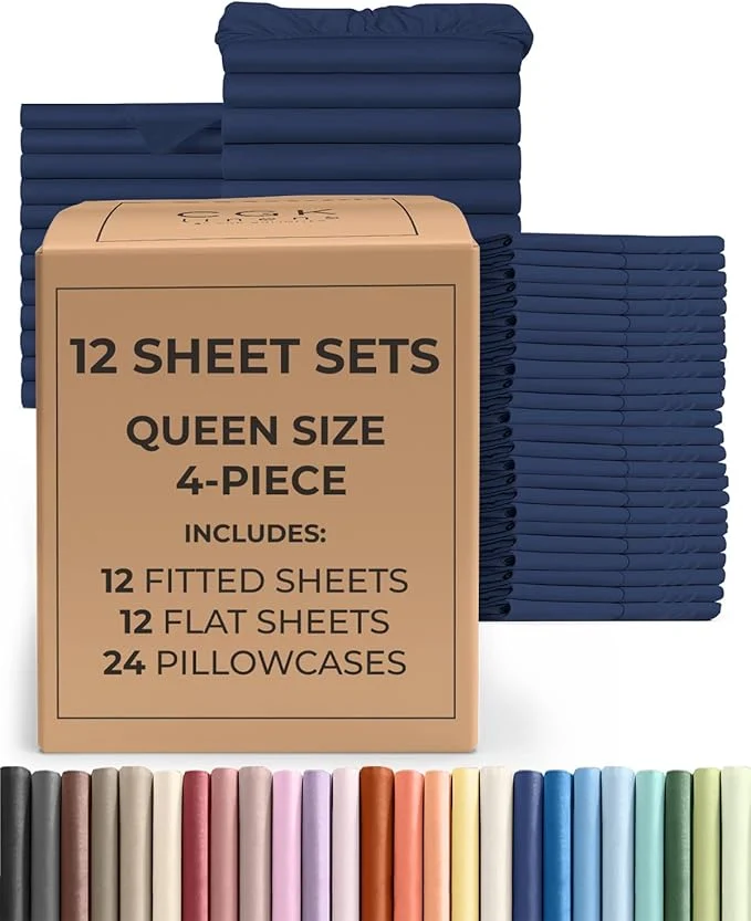 Detailed Bulk Case Pack of 12 Sheet Sets - 12 Complete Queen Size Sheet Sets with Deep Pockets - Whole Bulk Bedding for Hotels Spas amp Airbnbs - Breathable Cooling amp Wrinkle - Queen Navy Blue Versatile