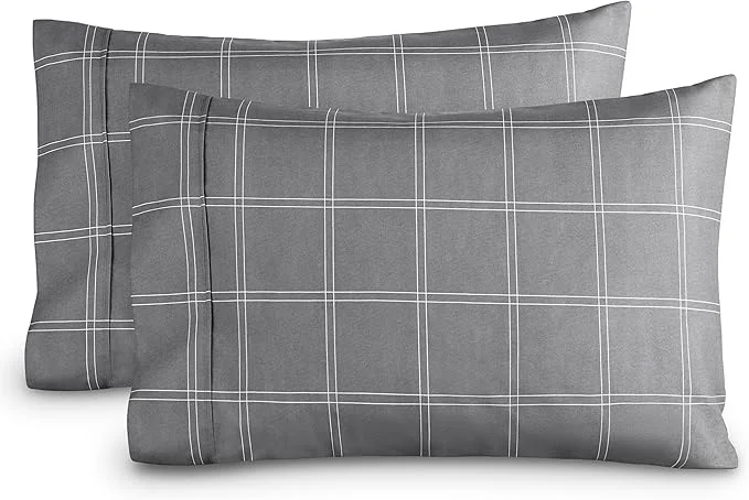Smooth Bare Home Microfiber Pillow Cases - King Size Set of 2 - Cooling Pillowcases - Double Brushed - Pillowcases 2 Pack - Easy Care King Modern Plaid - Grey White Fast