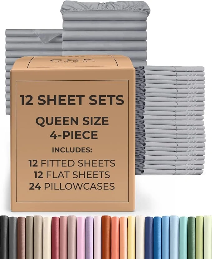 Lightweight Bulk Case Pack of 12 Sheet Sets - 12 Complete Queen Size Sheet Sets with Deep Pockets - Whole Bulk Bedding for Hotels Spas amp Airbnbs - Breathable Cooling amp Wrinkle - Queen Steel Blue Exclusive