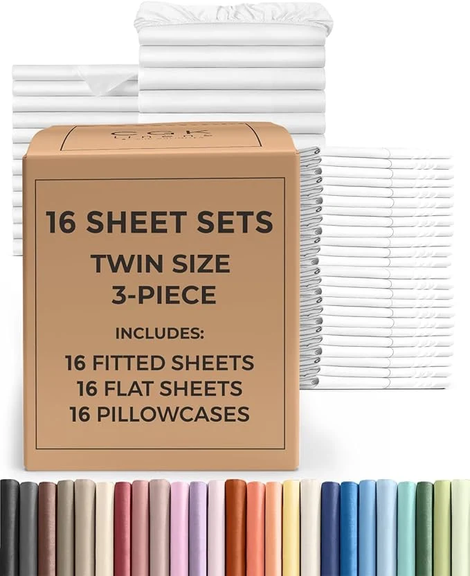Trusted Bulk Case Pack of 16 Sheet Sets - 16 Complete Twin Size Sheet Sets with Deep Pockets - Whole Bulk Bedding for Hotels Spas amp Airbnbs - Breathable Cooling Soft amp Wrinkle - Twin White Traditional