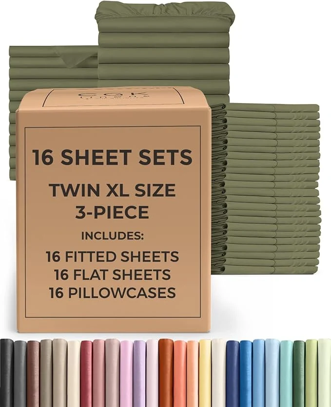 Sustainable Bulk Case Pack of 16 Sheet Sets - 16 Complete Twin XL Size Sheet Sets w Deep Pockets - Whole Bulk Bedding for Hotels Spas amp Airbnbs - Breathable Soft amp Wrinkle - Twin XL Sage Green Classic