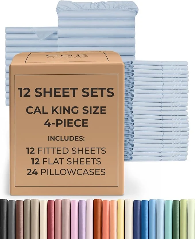 Trusted Bulk Case Pack of 12 Sheet Sets - 12 Complete Cal King Size Sheet Sets w Deep Pockets - Whole Bulk Bedding for Hotels Spas amp Airbnbs - Breathable Soft amp Wrinkle - Cal King Sky Blue Minimalist