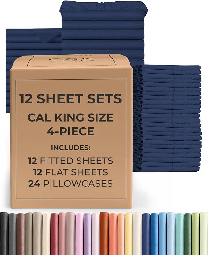 Trendy Bulk Case Pack of 12 Sheet Sets - 12 Complete Cal King Size Sheet Sets w Deep Pockets - Whole Bulk Bedding for Hotels Spas amp Airbnbs - Breathable Soft amp Wrinkle - Cal King Navy Blue Excellent