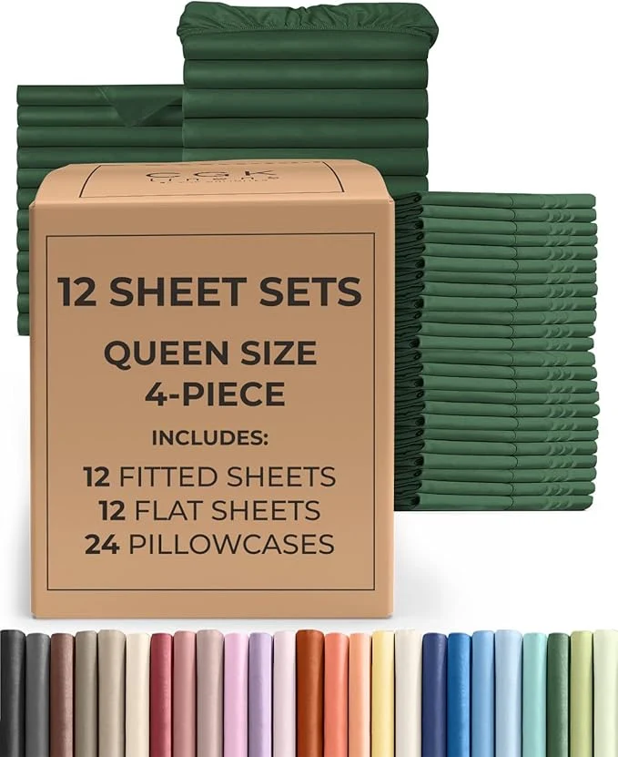 Quality Bulk Case Pack of 12 Sheet Sets - 12 Complete Queen Size Sheet Sets w Deep Pockets - Whole Bulk Bedding for Hotels Spas amp Airbnbs - Breathable Cooling amp Wrinkle - Queen Emerald Green Smart