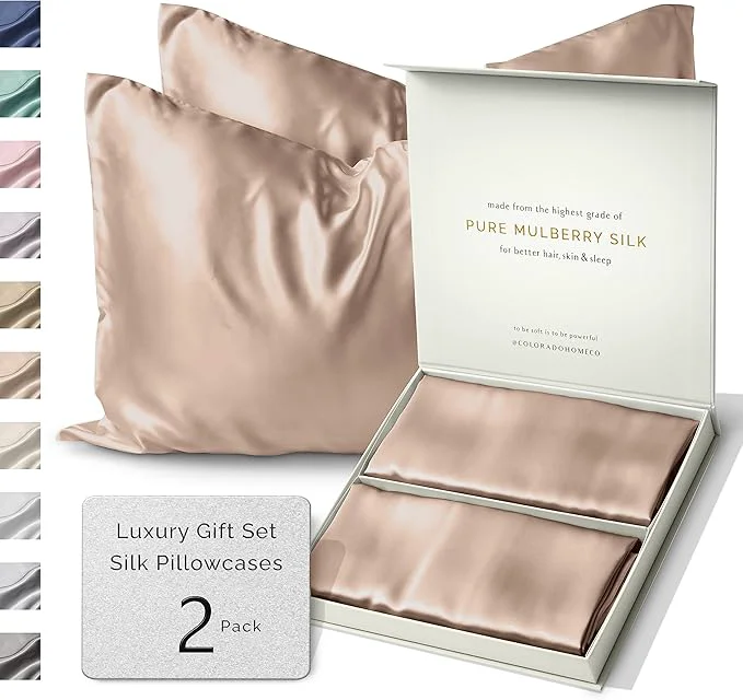 Classic PREMIUM LUXSILK™ Silk Pillow Cases 2 PACK 22 Momme Mulberry Silk Pillowcase Set of 2 Standard Queen King Size All Sides Pure Silk Slip Pillowcases Bliss for Couples Zipper Nude Champagne Professional