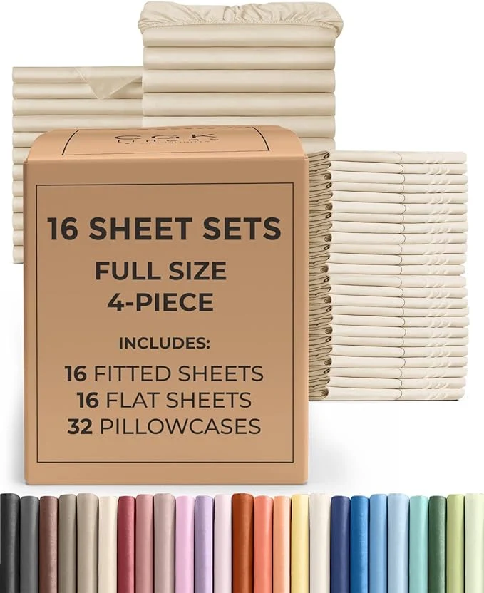 High-Grade Bulk Case Pack of 16 Sheet Sets - 16 Complete Full Size Sheet Sets with Deep Pockets - Whole Bulk Bedding for Hotels Spas amp Airbnbs - Breathable Cooling Soft amp Wrinkle - Full Wheat Lightweight