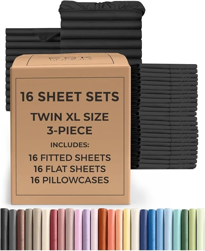 Professional Bulk Case Pack of 16 Sheet Sets - 16 Complete Twin XL Size Sheet Sets w Deep Pockets - Whole Bulk Bedding for Hotels Spas amp Airbnbs - Breathable Cooling amp Wrinkle - Twin XL Black Flexible