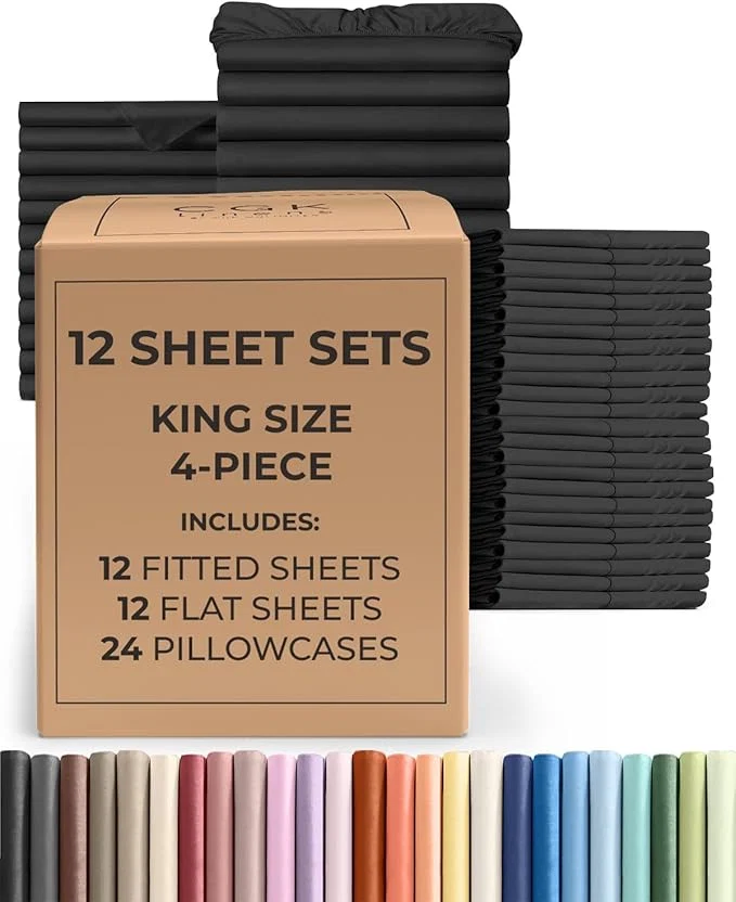 Refined Bulk Case Pack of 12 Sheet Sets - 12 Complete King Size Sheet Sets with Deep Pockets - Whole Bulk Bedding for Hotels Spas amp Airbnbs - Breathable Cooling Soft amp Wrinkle - King Black Quality