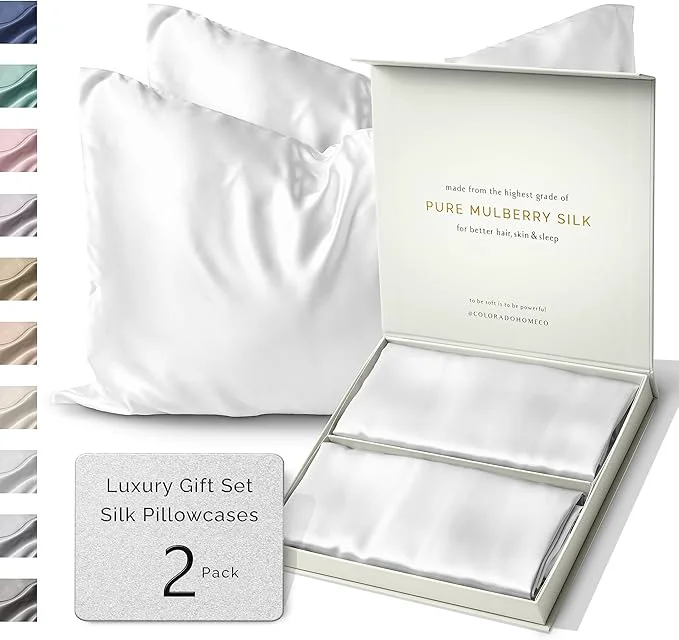 First-Class SUNDAYSILKS™ Silk Pillow Cases 2 Pack 22 Momme Mulberry Silk Pillowcase Set of 2 Standard Queen King Size All Sides Pure Silk Slip Pillowcase Bliss for Women Men with Zipper Pure White Fine
