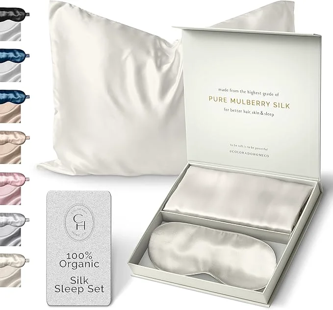 Optimized Colorado Home Co Silk Pillowcase for Hair and Skin - Off White Queen Size Silk Pillow Covers - 20x30 - Pillow Case for Acne with Eye Mask for Sleeping Long-Lasting