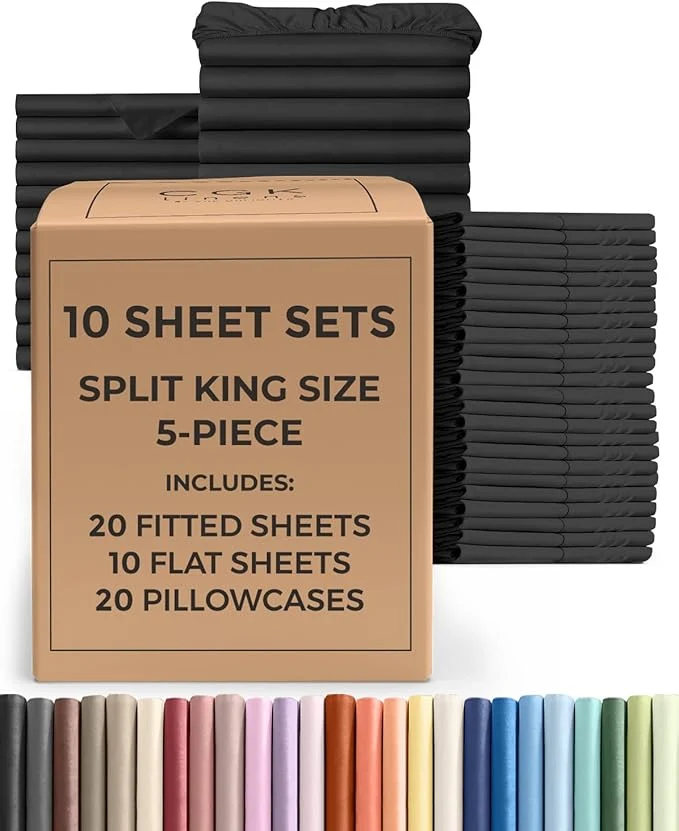 Trusted Bulk Case Pack of 10 Sheet Sets - 10 Complete Split King Size Sheet Sets w Deep Pockets - Whole Bulk Bedding for Hotels Spas amp Airbnbs - Breathable and Wrinkle - Split King Black Original Design