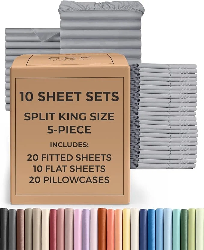 Fashionable Bulk Case Pack of 10 Sheet Sets - 10 Complete Split King Size Sheet Sets with Deep Pockets - Whole Bulk Bedding for Hotels Spas amp Airbnbs - Breathable amp Wrinkle - Split King Steel Blue Official