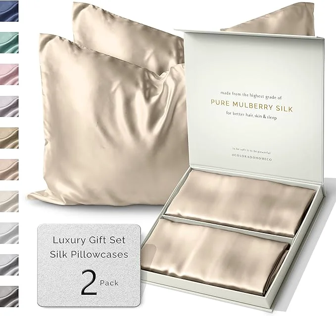 Certified Sunday Silks™ Silk Pillow Cases 2 Pack 22 Momme Mulberry Silk Pillowcase Set of 2 All Sides Pure Silk Slip Pillowcases Bliss for Couples Zipper Standard Queen King Size 6A Oat Milk Stylish
