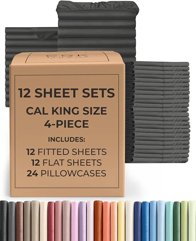 Secure Bulk Case Pack of 12 Sheet Sets - 12 Complete Cal King Size Sheet Sets w Deep Pockets - Whole Bulk Bedding for Hotels Spas amp Airbnbs - Breathable Soft amp Wrinkle - Cal King Charcoal Exceptional
