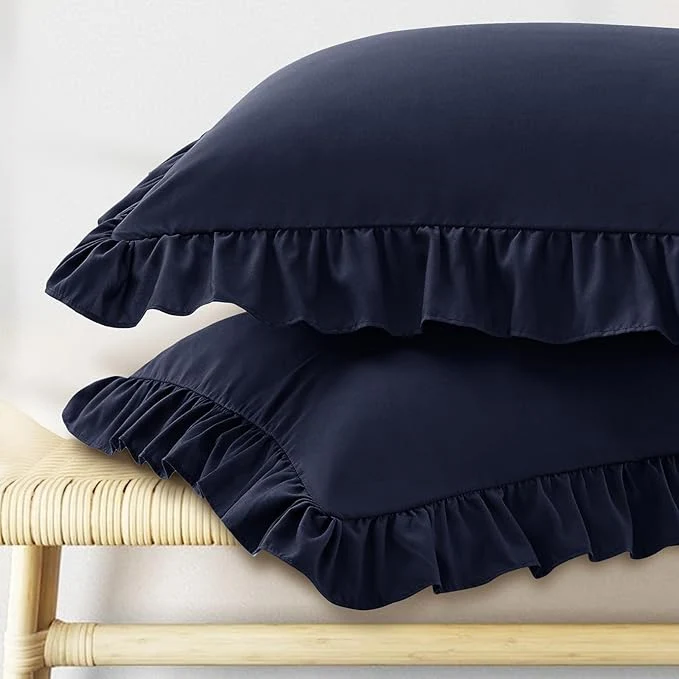 Convenient KKJIAF Ruffle Pillow Cases Queen Size Set of 2 Ruffled Pillow Covers with Envelope Closure Wrinkle Resistant Ruffled Pillow Shams 20 quot x 30 quot Navy Blue Environmentally Friendly