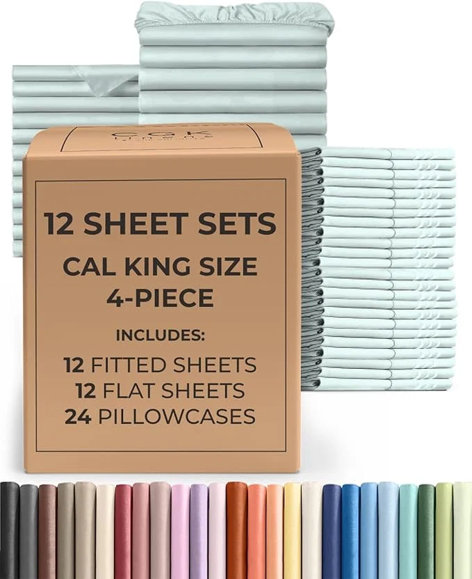 Pure Bulk Case Pack of 12 Sheet Sets - 12 Complete Cal King Size Sheet Sets w Deep Pockets - Whole Bulk Bedding for Hotels Spas amp Airbnbs - Breathable Soft amp Wrinkle - Cal King Ice Blue Safe