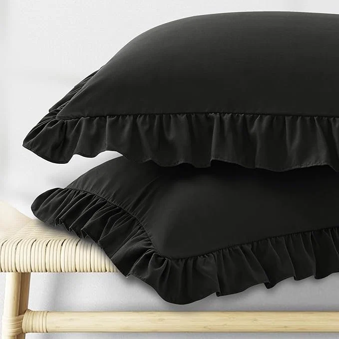 Easy-to-Use KKJIAF Ruffle Pillow Cases Standard Size Set of 2 Ruffled Pillow Covers with Envelope Closure Wrinkle Resistant Pillowcases 20 quot x 26 quot Ruffled Pillow Shams Black Excellent