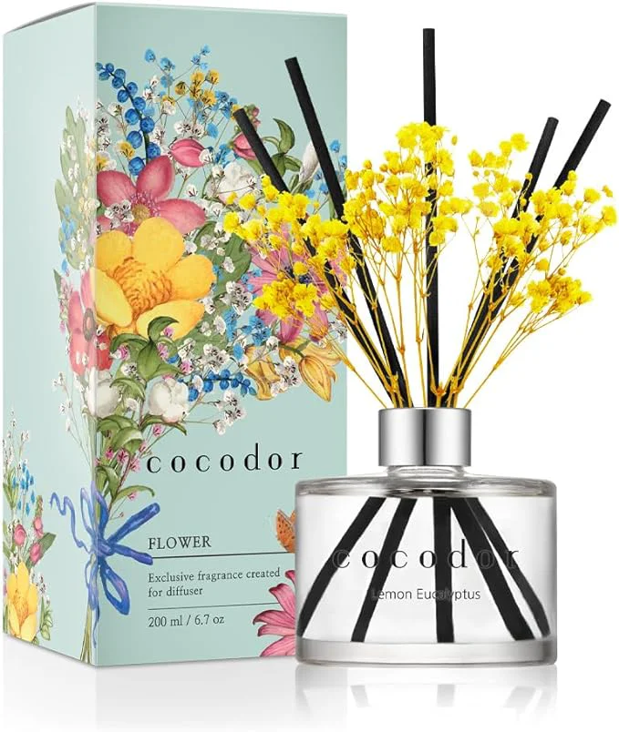 Flexible COCODOR Flower Reed Diffuser Set 6.7oz Lemon Eucalyptus Scent Diffuser Enhanced