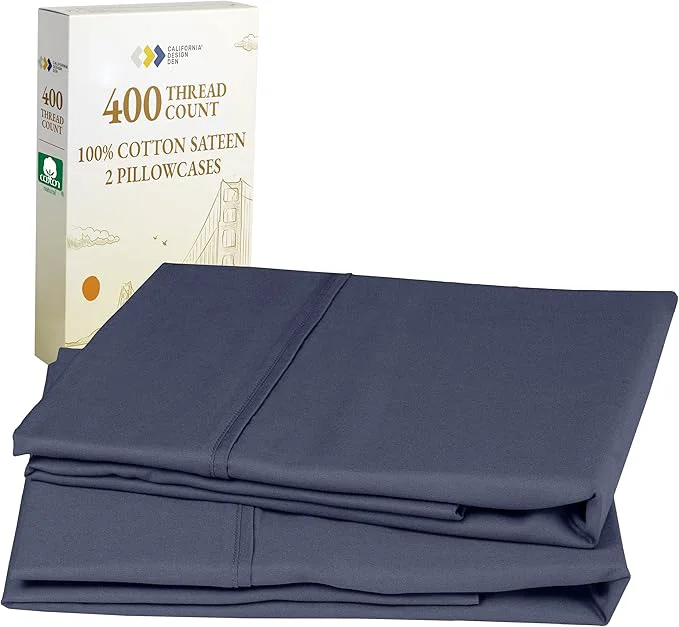 Efficient California Design Den Standard Queen Size Pillowcase Set - 400 Thread Count Cotton Sateen Set of 2 Pillow Covers Soft and Breathable - Indigo Dusty Blue Refined