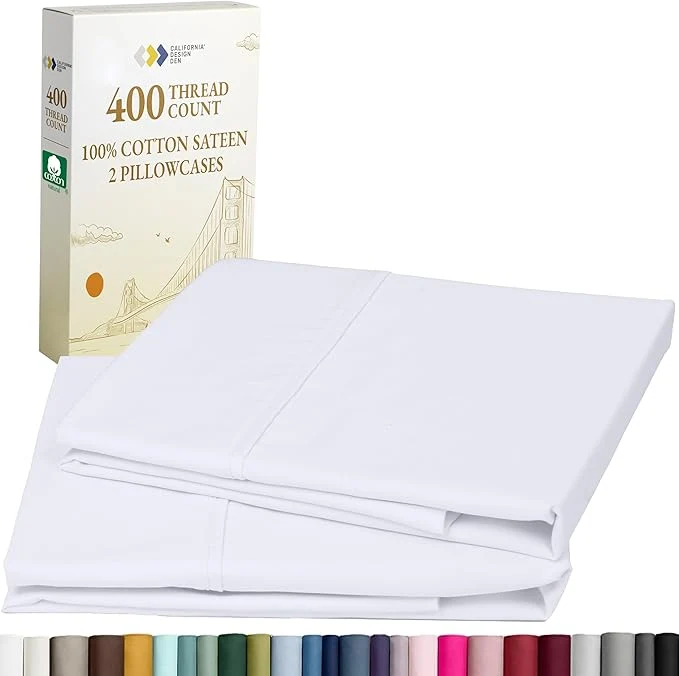 Selected California Design Den Standard Queen Size Pillowcase Set - 400 Thread Count Cotton Sateen Set of 2 Pillow Covers Soft and Breathable - Bright White Quality