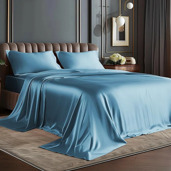 Excellent BEDELITE King Size Sheets Set Luxury Soft Airy Blue Satin Sheets for Hair and Skin Similar to Silk Bed Sheets Set 4 Pieces with 1 Deep Pocket Fitted Sheet 1 Flat Sheet and 2 Pillowcases Consistent