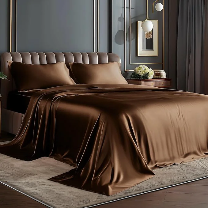 Original BEDELITE King Size Sheets Set Luxury Soft Brown Satin Sheets for Hair and Skin Similar to Silk Bed Sheets Set 4 Pieces with 1 Deep Pocket Fitted Sheet 1 Flat Sheet and 2 Pillowcases Minimalist