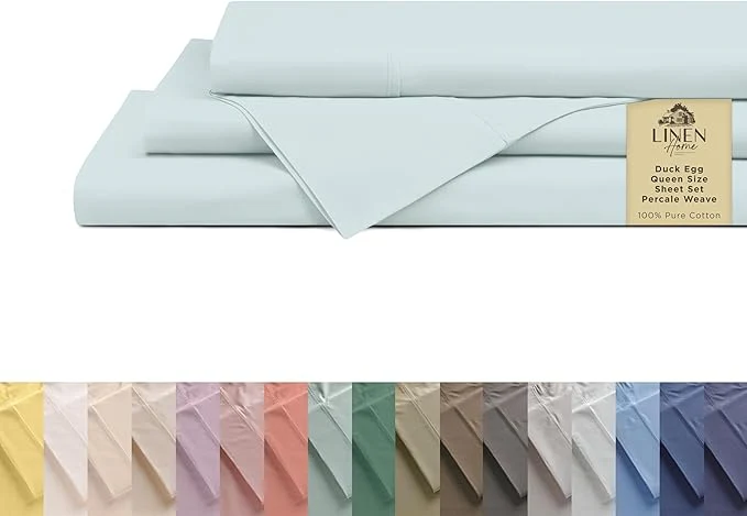 Optimized Linen Home Cotton Percale Sheets Queen Size Blue Duck Egg Deep Pocket 4 Pieces Set - 1 Flat 1 Deep Pocket Fitted Sheet and 2 Pillowcases Crisp Cool and Strong Bed Linen Unique
