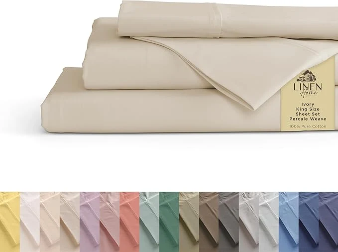 World-Class Linen Home Cotton Percale Sheets King Size Ivory Deep Pocket 4 Pieces Set - 1 Flat 1 Deep Pocket Fitted Sheet and 2 Pillowcases Crisp Cool and Strong Bed Linen Natural