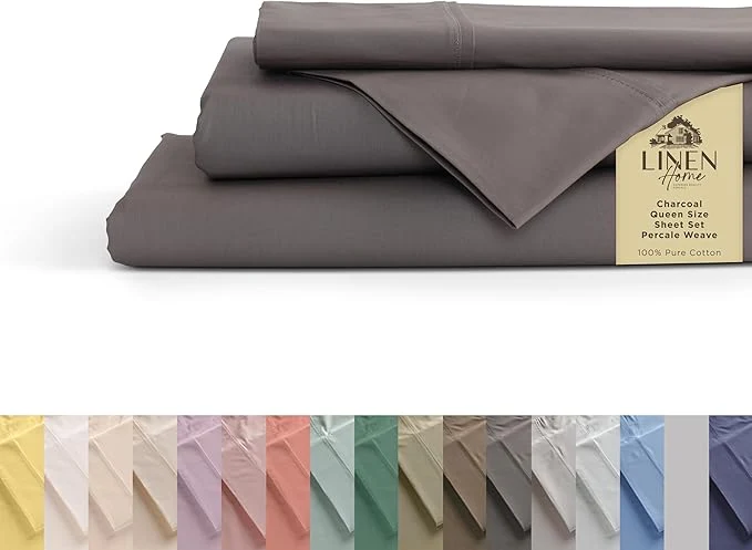 Green Linen Home Cotton Percale Sheets Queen Size Charcoal Deep Pocket 4 Pieces Set - 1 Flat 1 Deep Pocket Fitted Sheet and 2 Pillowcases Crisp Cool and Strong Bed Linen Certified