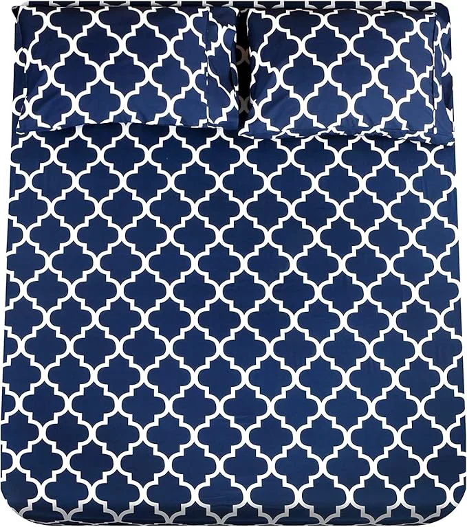 Fashionable Mejoroom Queen Bed Sheet Set - Super Soft Brushed Microfiber 1800 Thread Count Queen Sheets with 16 inch Deep Pocket - Wrinkle - 4 Piece Queen Navy Quatrefoil with White Pattern Premium