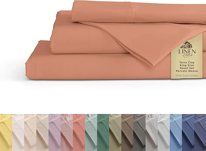 Organic Linen Home Cotton Percale Sheets King Size Deep Pocket 4-Piece Set - Crisp Cool amp Breathable Long-Staple Combed Cotton Bedding Hotel Quality Made in Green Tera Clay Minimalist