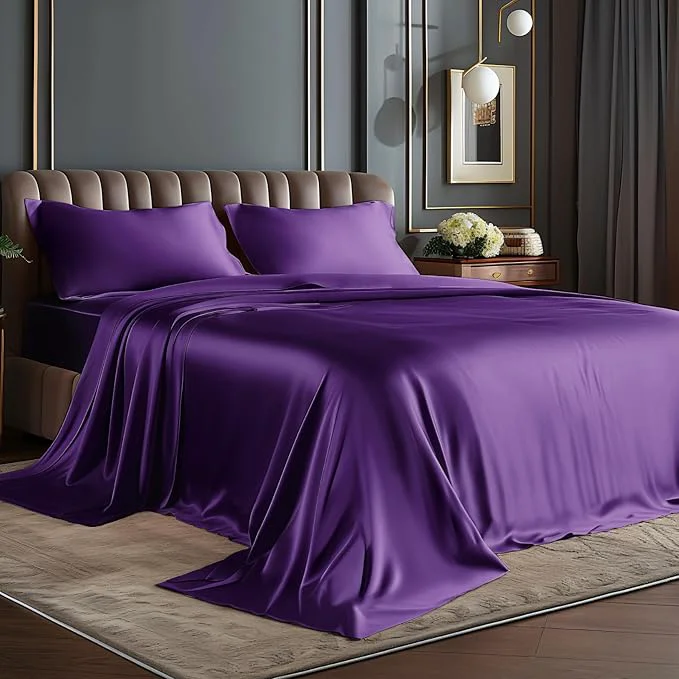 Reusable BEDELITE California King Sheets Set Luxury Soft Plum Purple Satin Sheets for Hair and Skin Similar to Silk Bed Sheets Set 4 Pieces with 1 Deep Pocket Fitted Sheet 1 Flat Sheet and 2 Pillowcases Exceptional