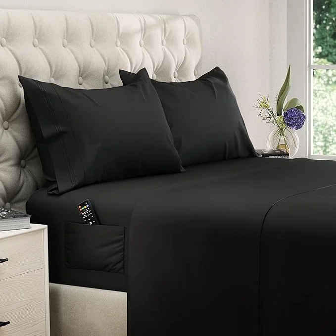 Environmentally Friendly DREAMCARE King Size Sheets Set – 4 pcs Cooling Sheets – up to 21 Deep Pocket King Sheet Set – Hotel Luxury Sheets amp Pillowcases – Superior Softness Fine Microfiber with Side Pocket – Black Solid