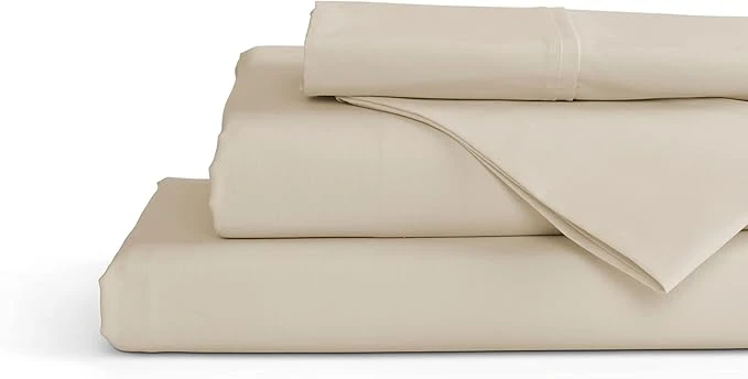 Excellent Linen Home Cotton Percale Sheet Set Twin Size Ivory Deep Pocket 4 Pieces Set - 1 Flat 1 Deep Pocket Fitted Sheet and 2 Pillowcases Crisp Cool and Strong Bed Linen Easy-to-Use