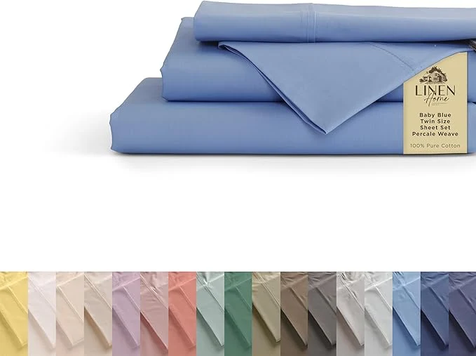 Specialty Linen Home Cotton Percale Sheets Twin Size Baby Blue Deep Pocket 3 Pieces Set - 1 Flat 1 Deep Pocket Fitted Sheet and 1 Pillowcase Crisp Cool and Strong Bed Linen Artisan
