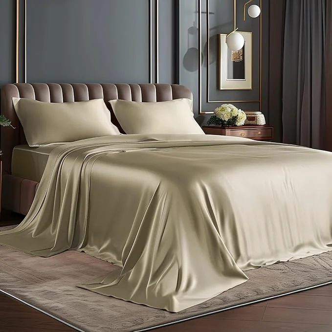 Fine Crafted BEDELITE Satin Sheets Queen Size Bed Set Luxury Soft Taupe Silky Sheets for Hair and Skin Similar to Silk Bed Sheets Set 4 Pieces with 1 Deep Pocket Fitted Sheet 1 Flat Sheet and 2 Pillowcases Reusable