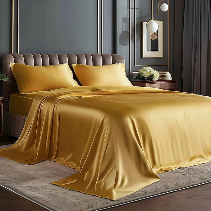 Official BEDELITE Satin Sheets Twin Size Bed Set Luxury Soft Gold Silky Sheets for Hair and Skin Similar to Silk Bed Sheets Set 3 Pieces with 1 Deep Pocket Fitted Sheet 1 Flat Sheet and 1 Pillowcase Safe