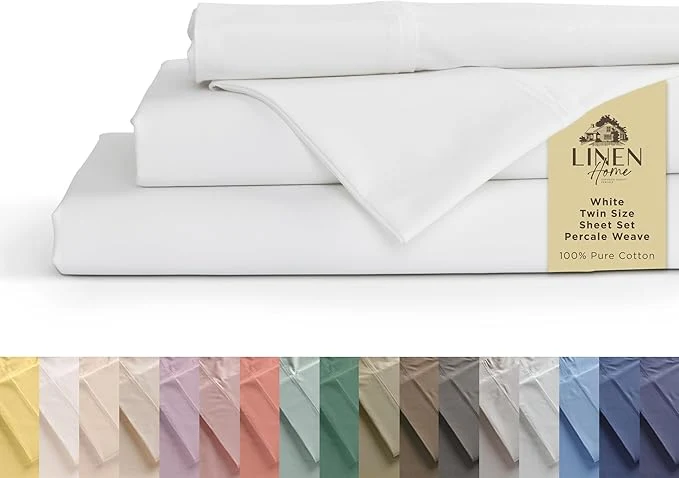 Traditional Linen Home Cotton Percale Sheets Twin Size White Deep Pocket 3 Pieces Set - 1 Flat 1 Deep Pocket Fitted Sheet and 1 Pillowcase Crisp Cool and Strong Bed Linen Responsible