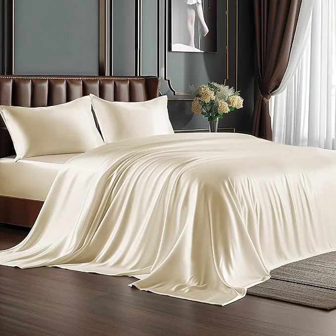 Innovative BEDELITE California King Sheets Set Luxury Soft Beige Satin Sheets for Hair and Skin Similar to Silk Bed Sheets Set 4 Pieces with 1 Deep Pocket Fitted Sheet 1 Flat Sheet and 2 Pillowcases Eco-Friendly