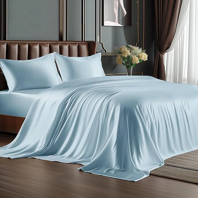 Durable BEDELITE King Size Sheets Set Luxury Soft Light Blue Satin Sheets for Hair and Skin Similar to Silk Bed Sheets Set 4 Pieces with 1 Deep Pocket Fitted Sheet 1 Flat Sheet and 2 Pillowcases Versatile
